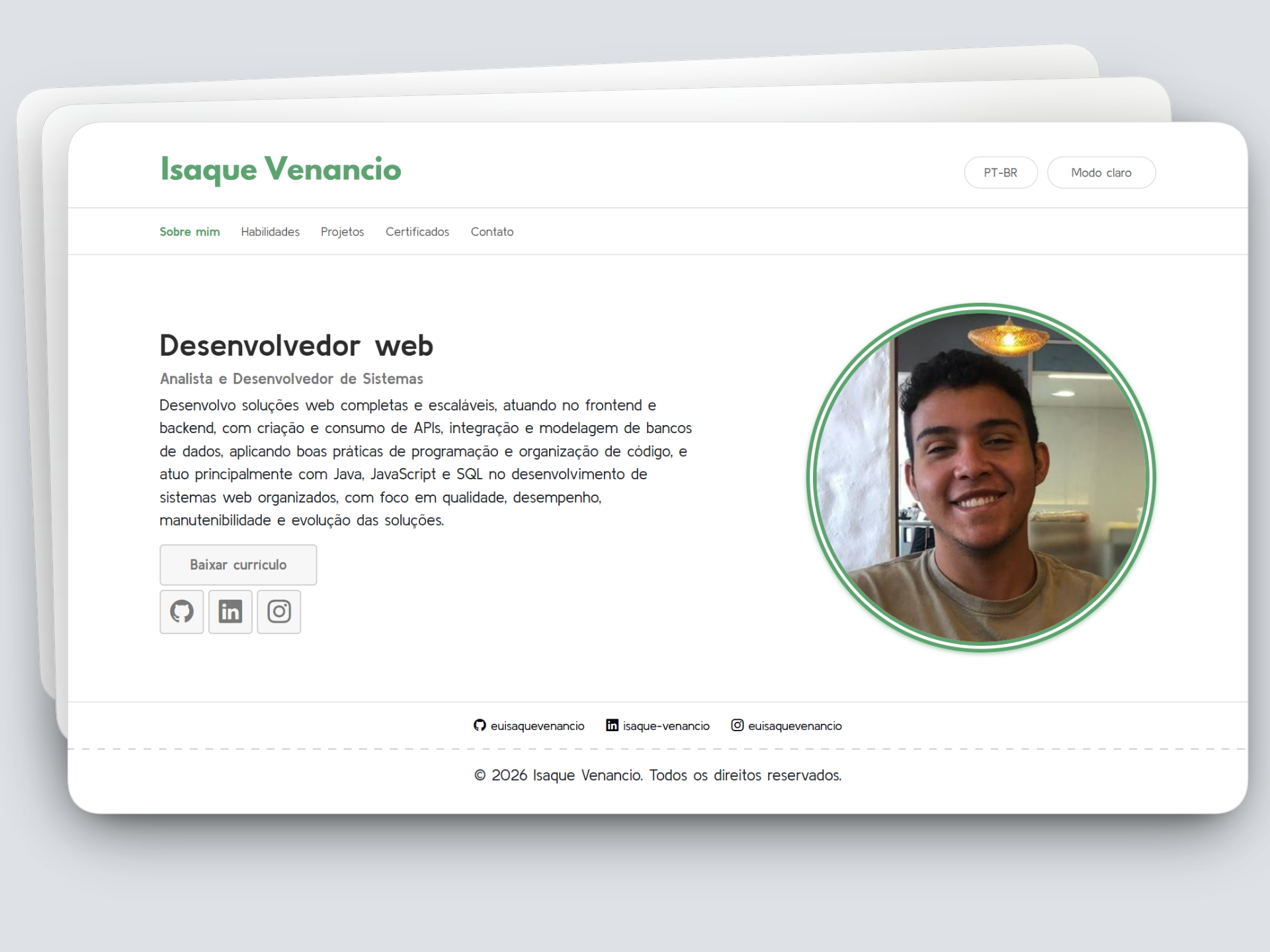 Mockup da interface do meu website pessoal.